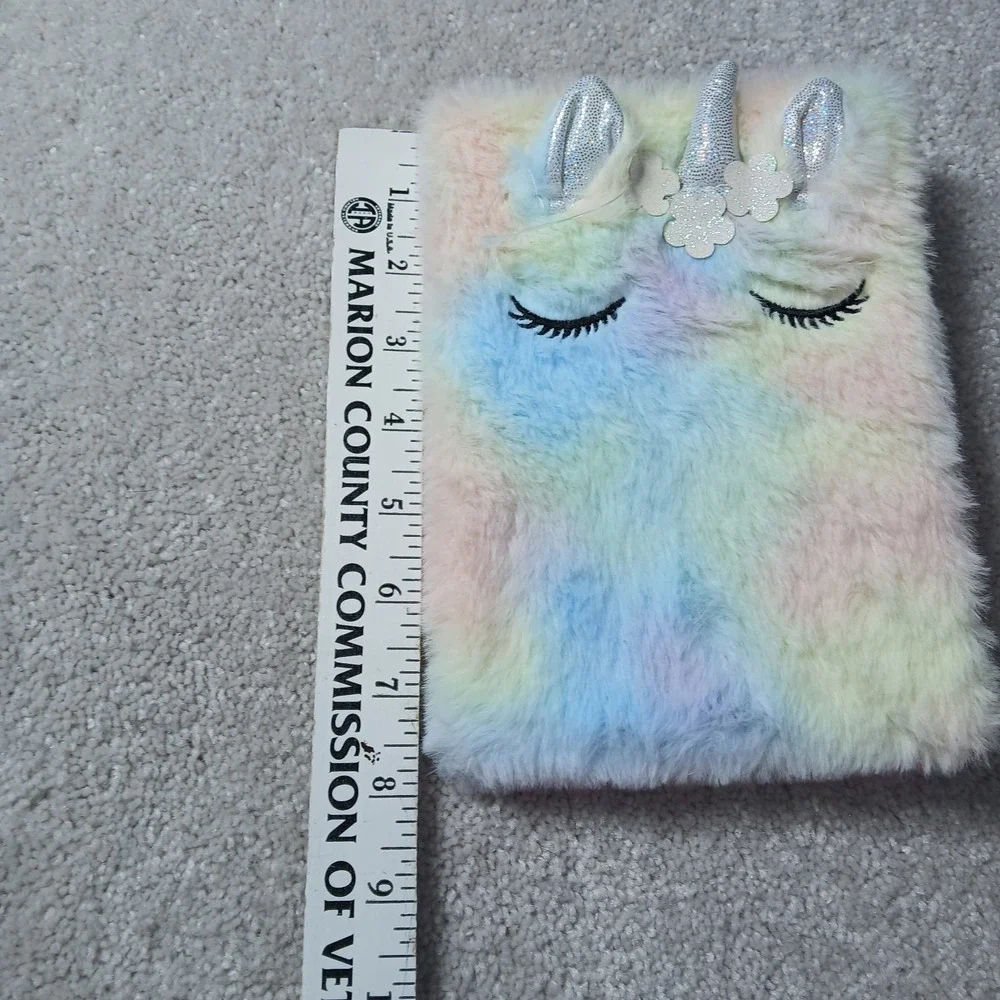 Girls Tie Dye Fuzzy Unicorn Plush With 3D Ears And Horn Lined Notebook NWOT